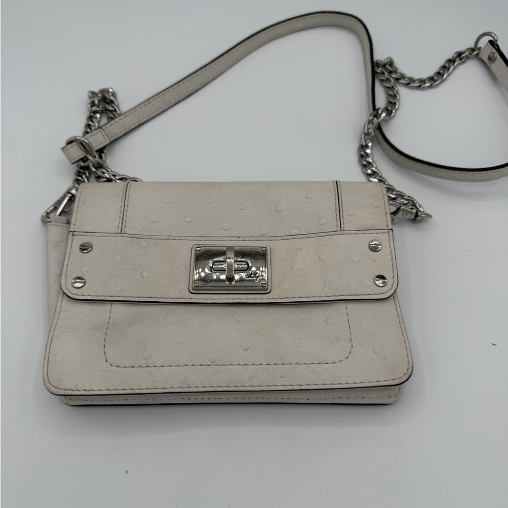 Milly White Ostrich Embossed Leather Chain Shoulder Bag